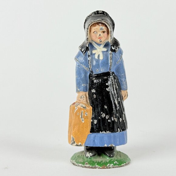 Vintage Hand Painted Girl Figurine In Blue Dress With Bonnet & Luggage Collectib - Picture 1 of 6